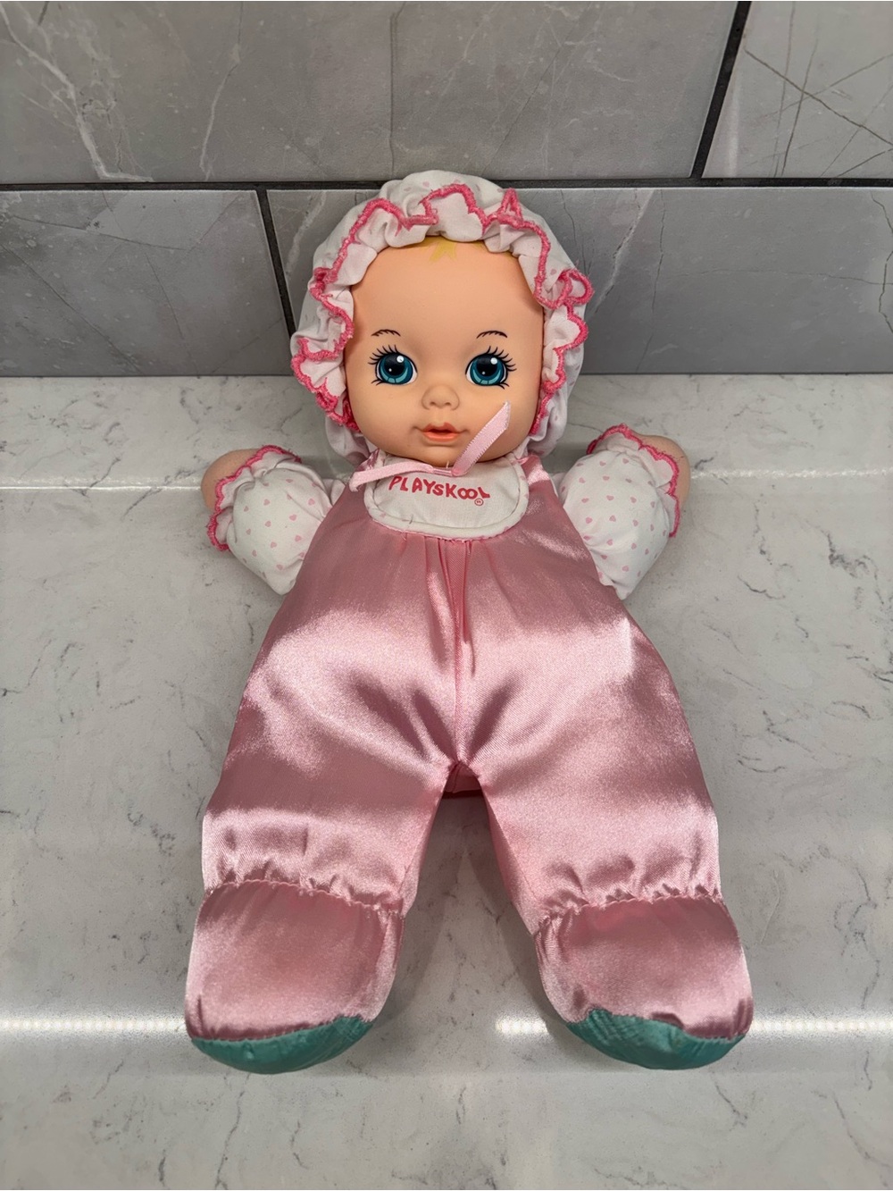 HASBRO PLAYSKOOL My Very Soft Baby Doll Pink Satin 1995 Squeaks VTG Vinyl Face